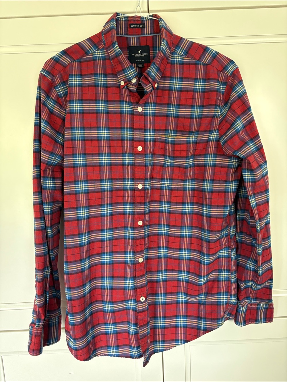 American Eagle Outfitters Red and Blue Plaid Button-Down Shirt